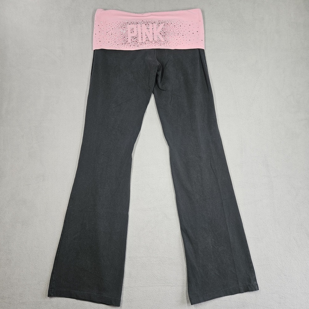 Y2K Victoria's Secret Pink Fold Over Yoga Pants Medium Bling Flare Sequin - Picture 1 of 16